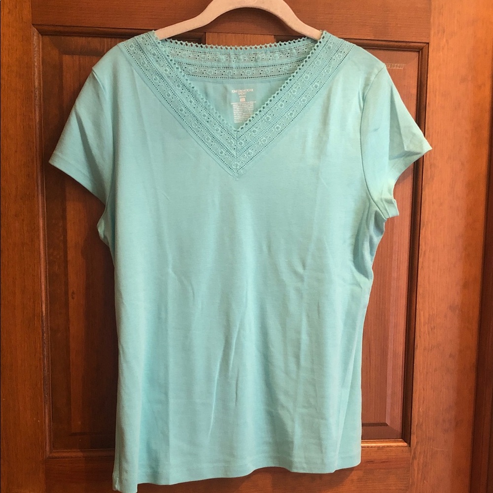 Jones New York Mint or Aqua V-Neck Eyelet Trim Short Sleeve Tee